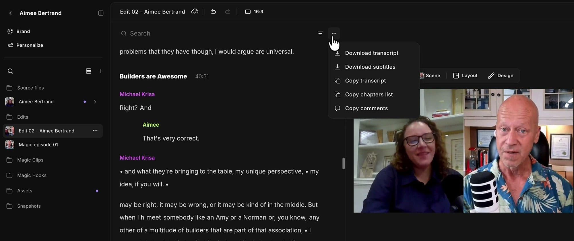 The Riverside transcript three-dot menu showing Download transcript, Download subtitles, Copy transcript, Copy chapters list, and Copy comments