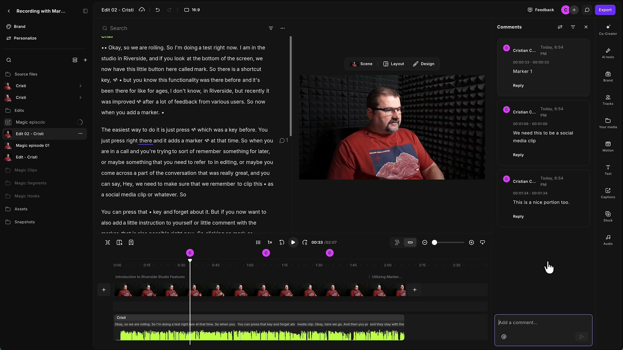 Riverside editor showing marker pins above the timeline and the Comments sidebar listing Marker 1, We need this to be a social media clip, and This is a nice portion too