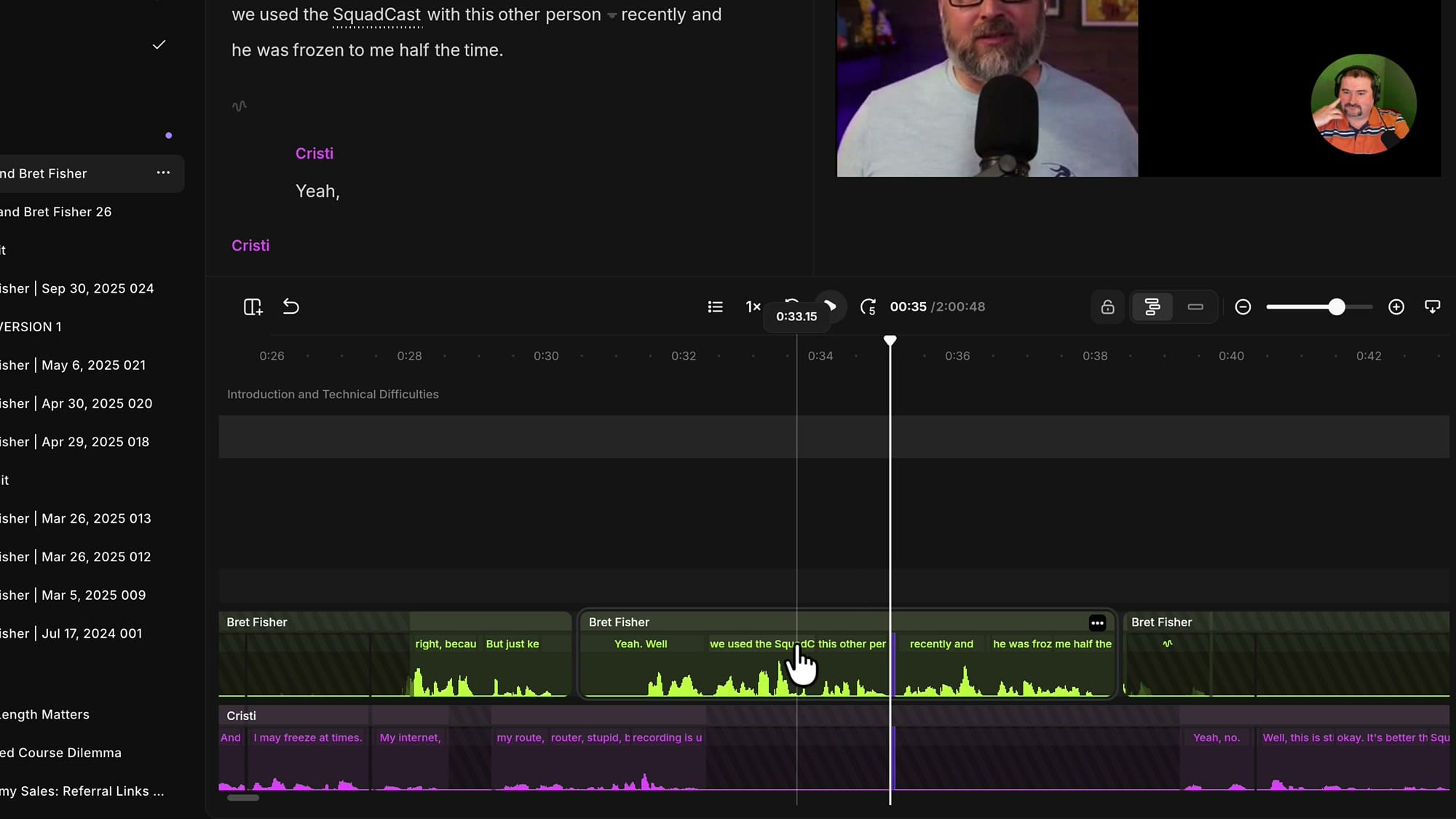 Riverside expanded timeline showing separate speaker tracks with words on the clips and the track lock button
