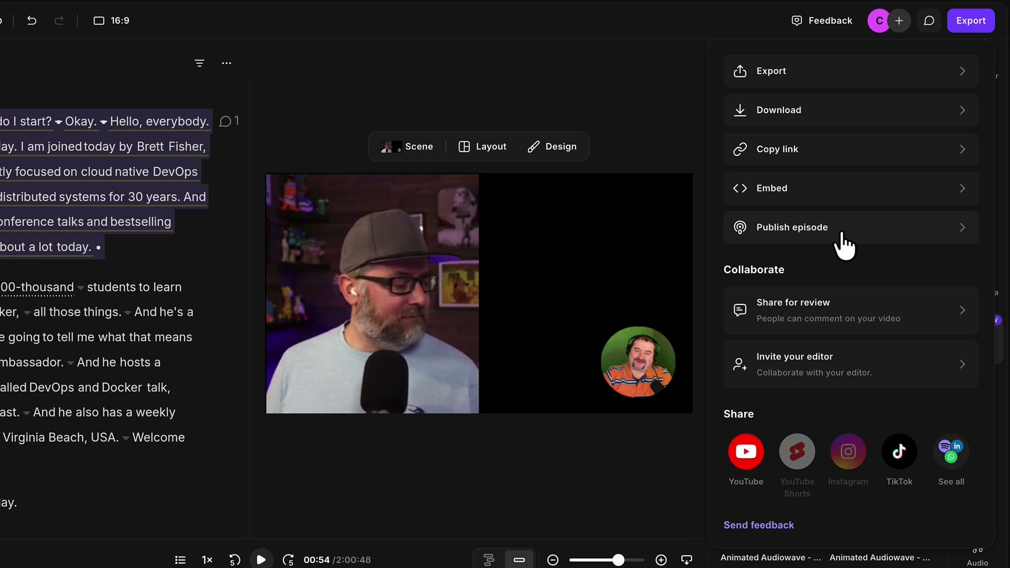 Riverside export panel showing Export, Download, Copy link, Embed, Publish episode, Share for review, Invite your editor and social sharing options
