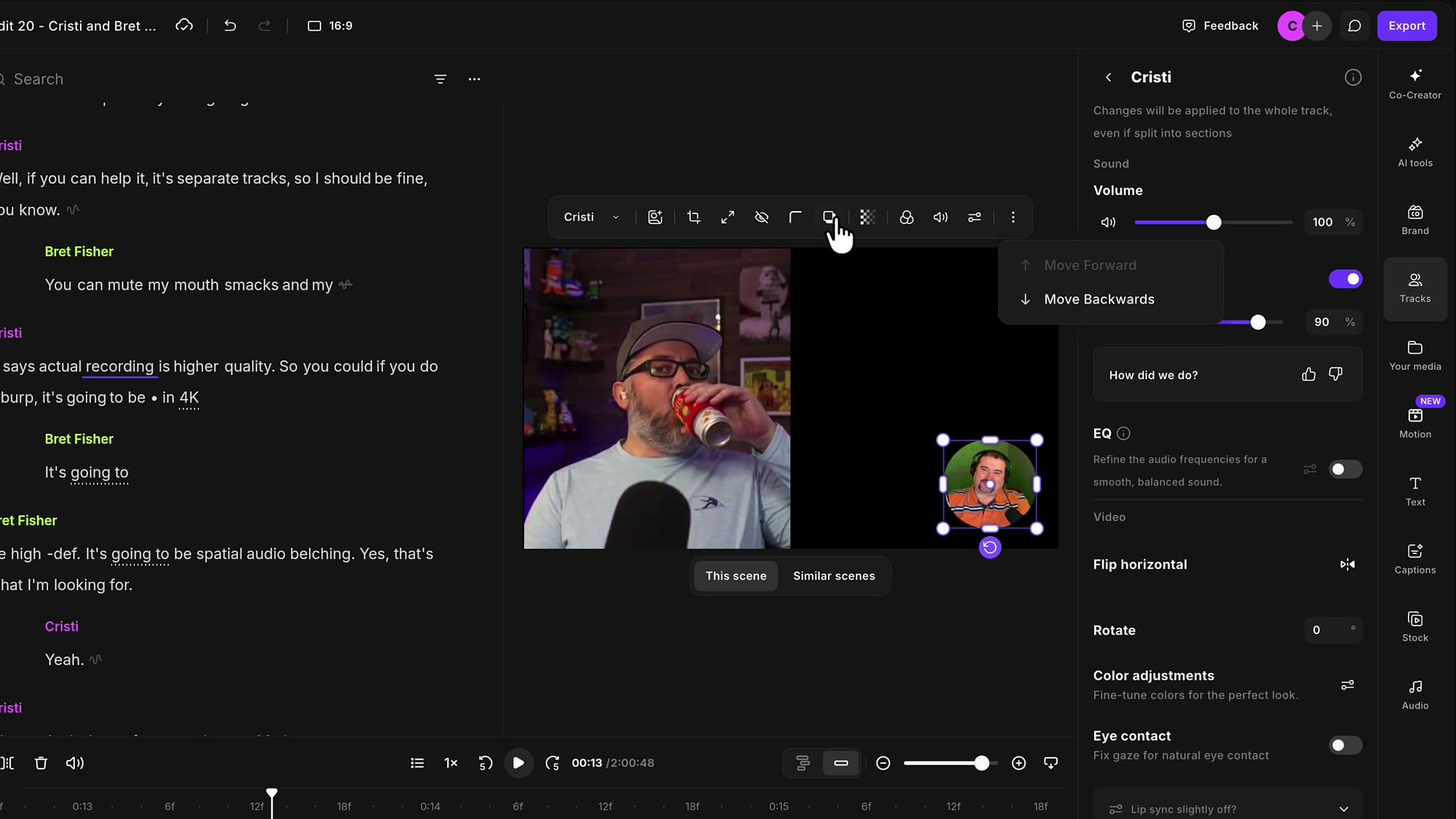 Riverside canvas with one speaker full frame and the other as a small round picture-in-picture, with the clip toolbar showing layer order options