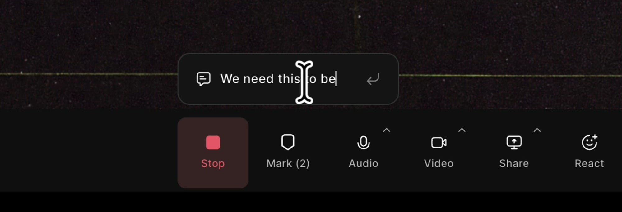 Typing a comment into the Riverside marker input during a live recording, with the Mark button showing a count of 2