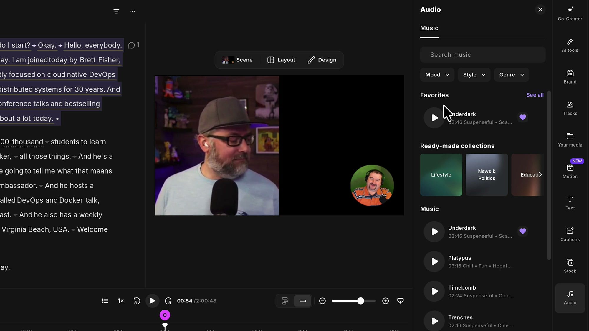 Riverside music library with a search box, mood, style and genre filters, favourites, and ready-made collections