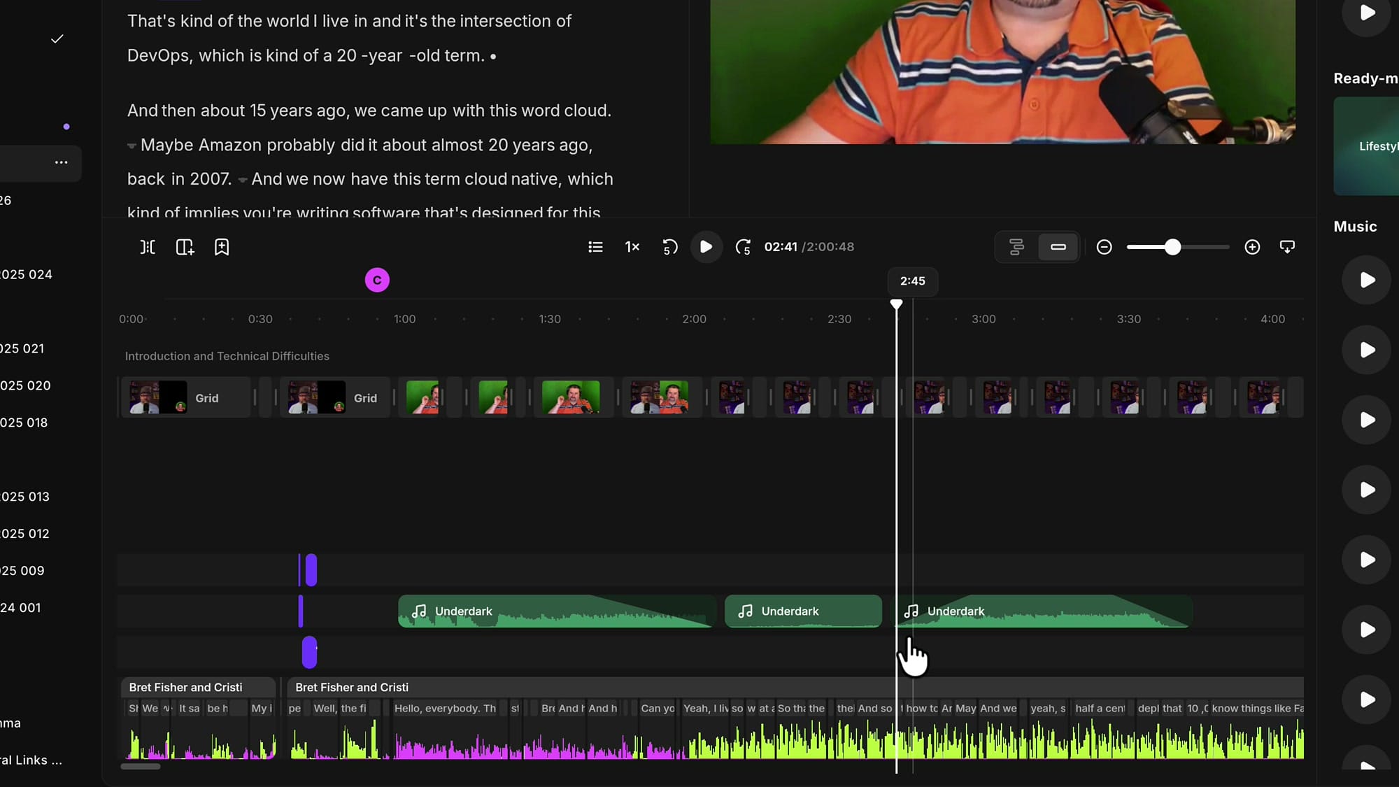 Riverside timeline showing a music track split into three segments, each with visible fade slopes