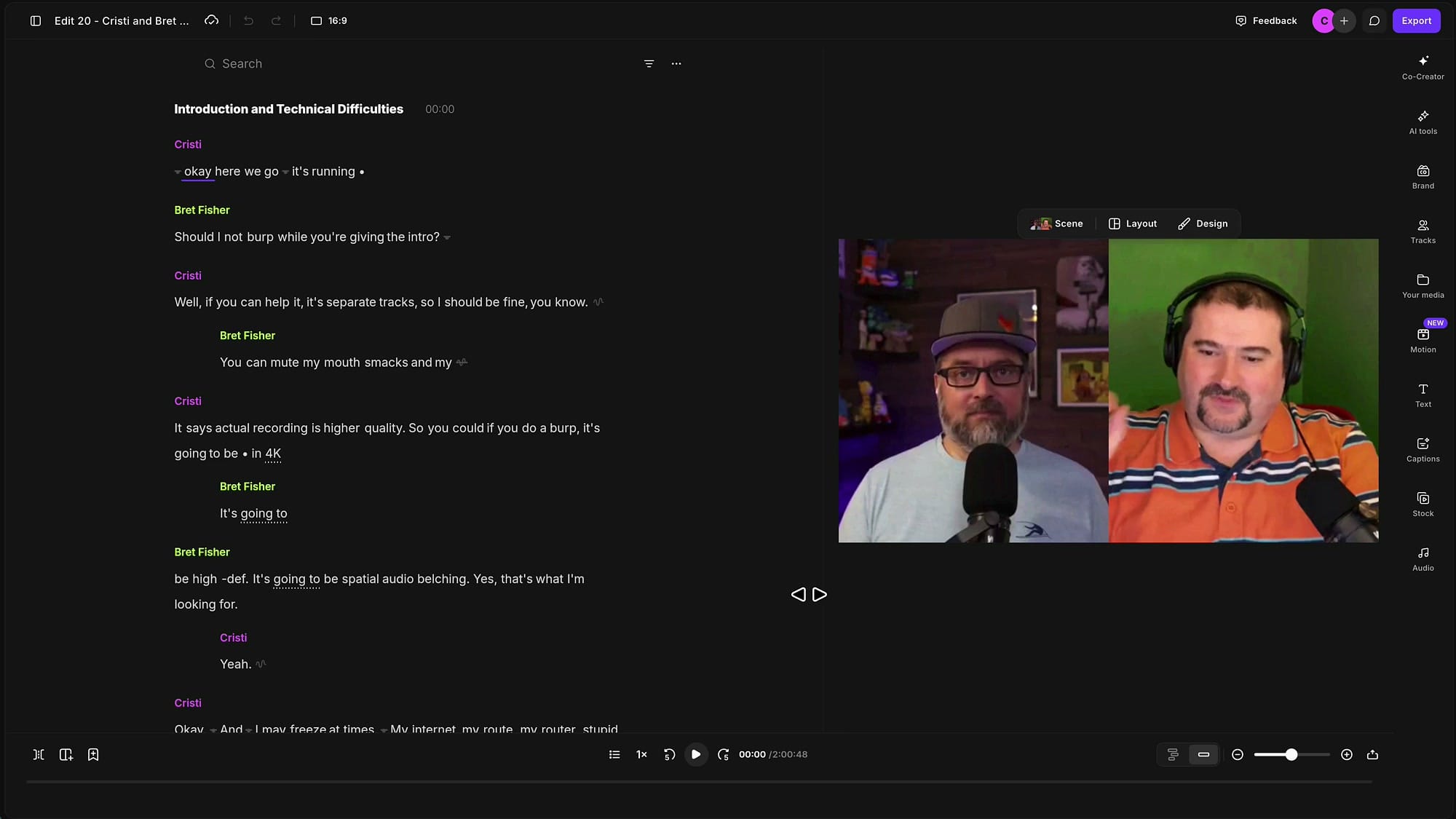 Riverside editor with the sidebar and tool panel collapsed, showing a wide transcript and canvas