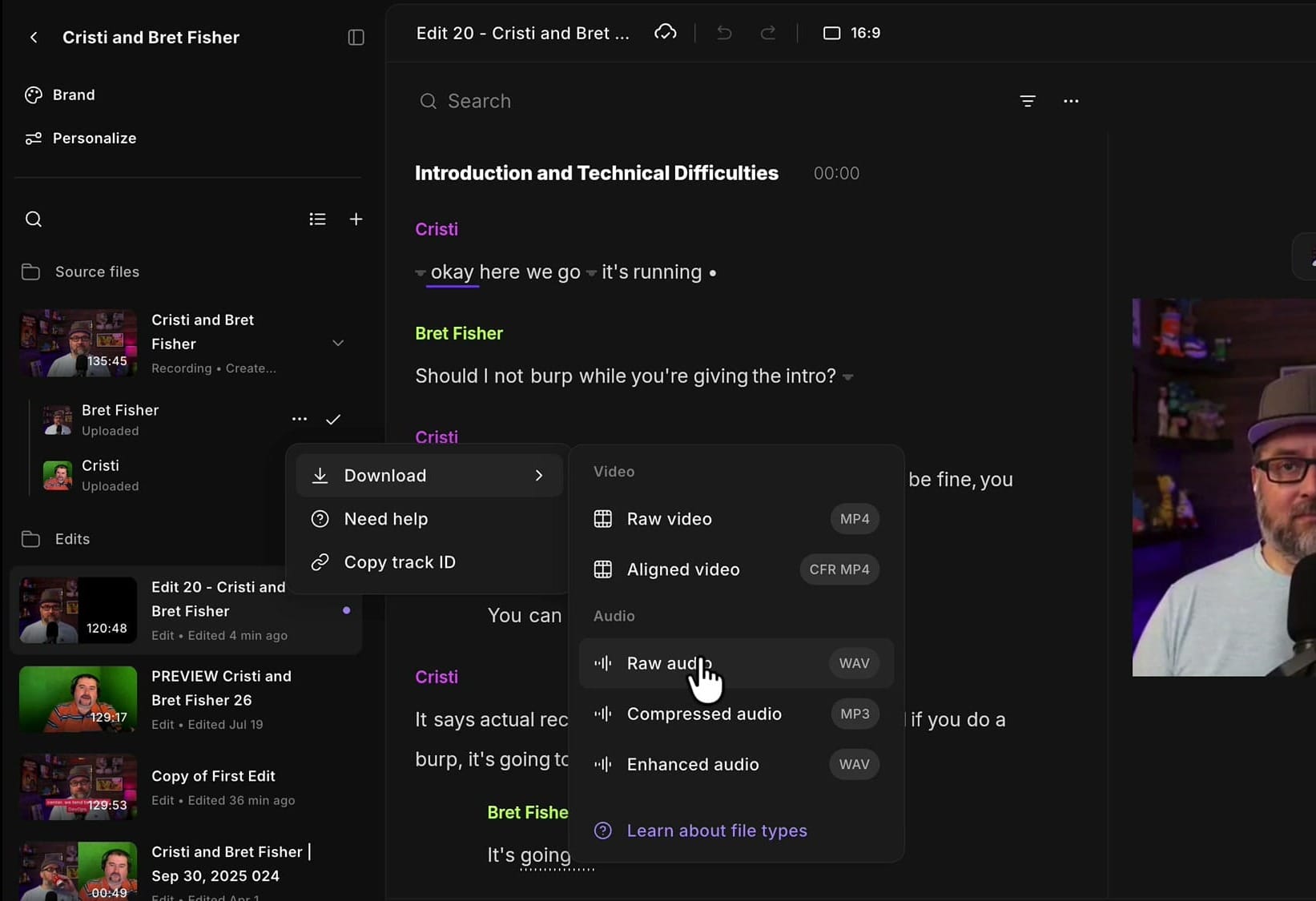 Download menu on an individual source track showing raw video, aligned video, raw audio, compressed audio and enhanced audio options