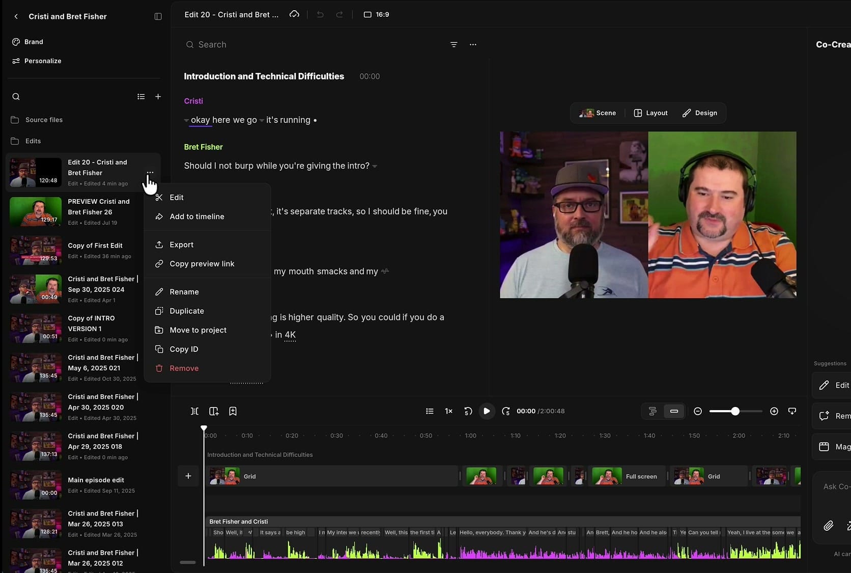 Right-click menu on an edit showing Edit, Add to timeline, Export, Copy preview link, Rename, Duplicate, Move to project, Copy ID and Remove