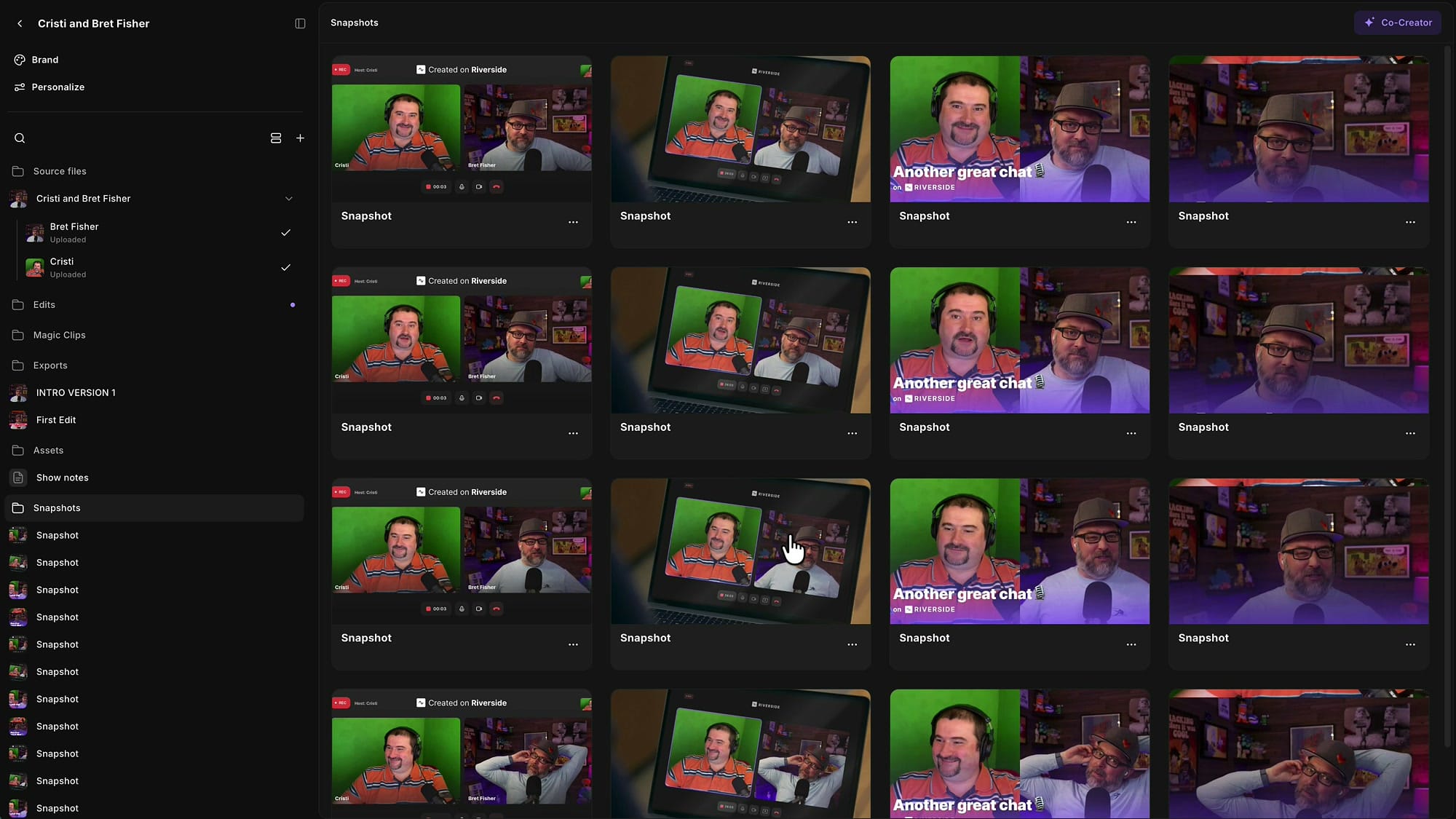 Riverside sidebar showing Source files, Edits, Magic Clips, Exports, Assets, Show notes and Snapshots folders