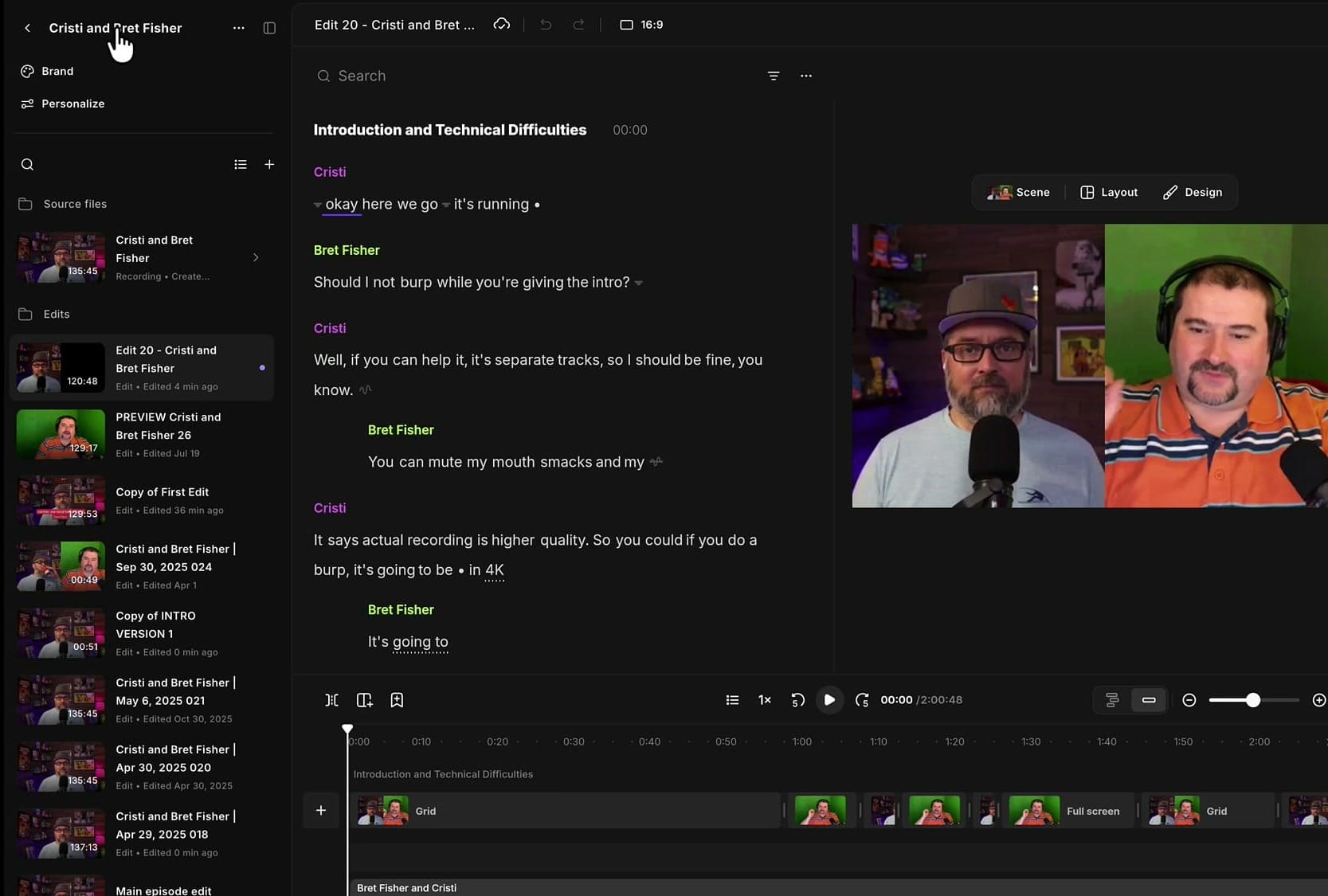 Riverside's new editor sidebar showing Source files and Edits sections