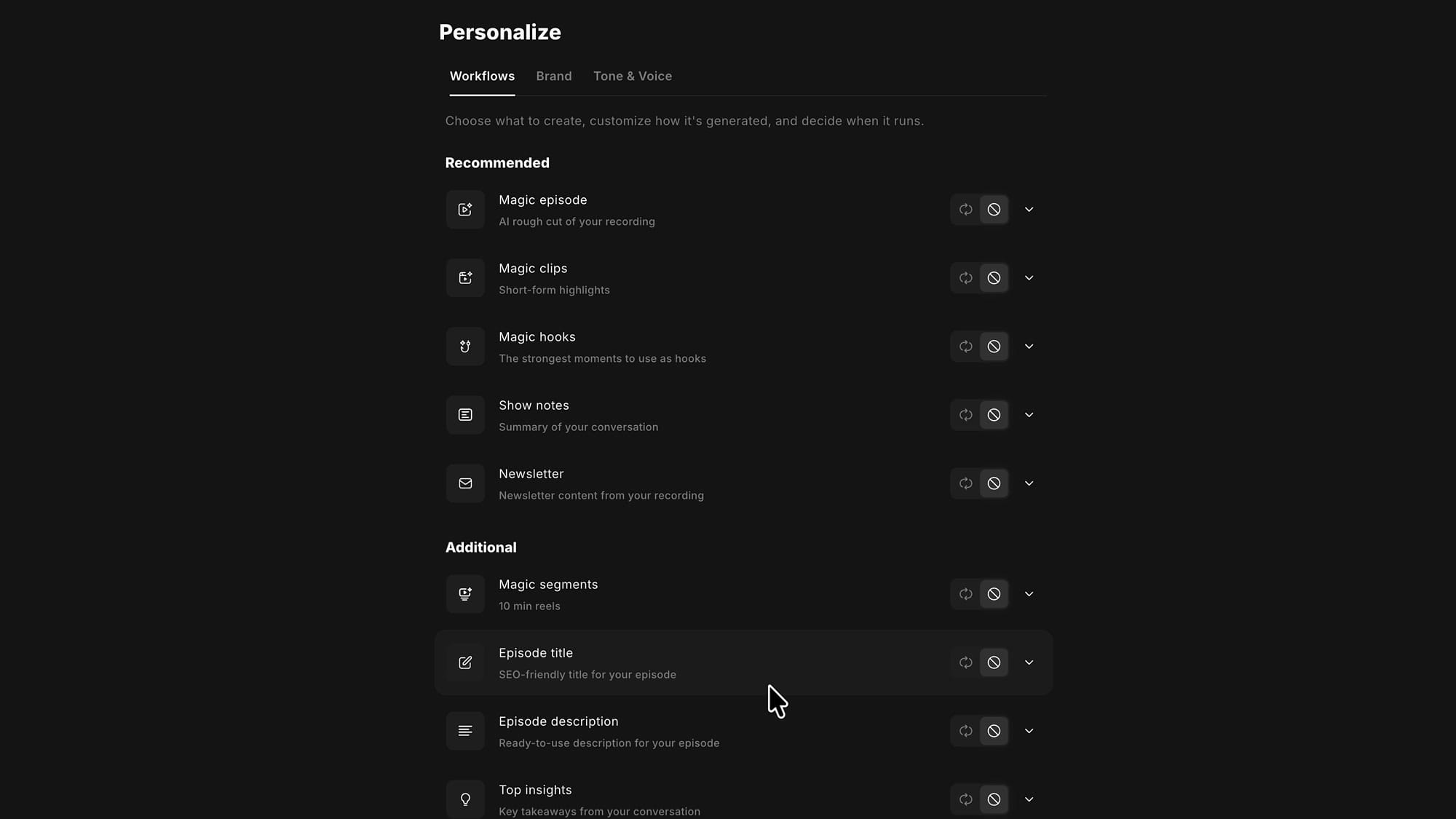 Riverside Personalize panel, Workflows tab, showing toggles for Magic episode, Magic clips, Magic hooks, Show notes, Newsletter, Magic segments, Episode title, Episode description and Top insights