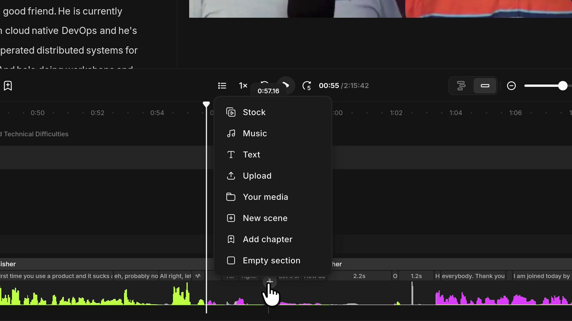 The plus button menu open at a split point in the Riverside timeline, offering Stock, Music, Text, Upload, Your media, New scene, Add chapter and Empty section