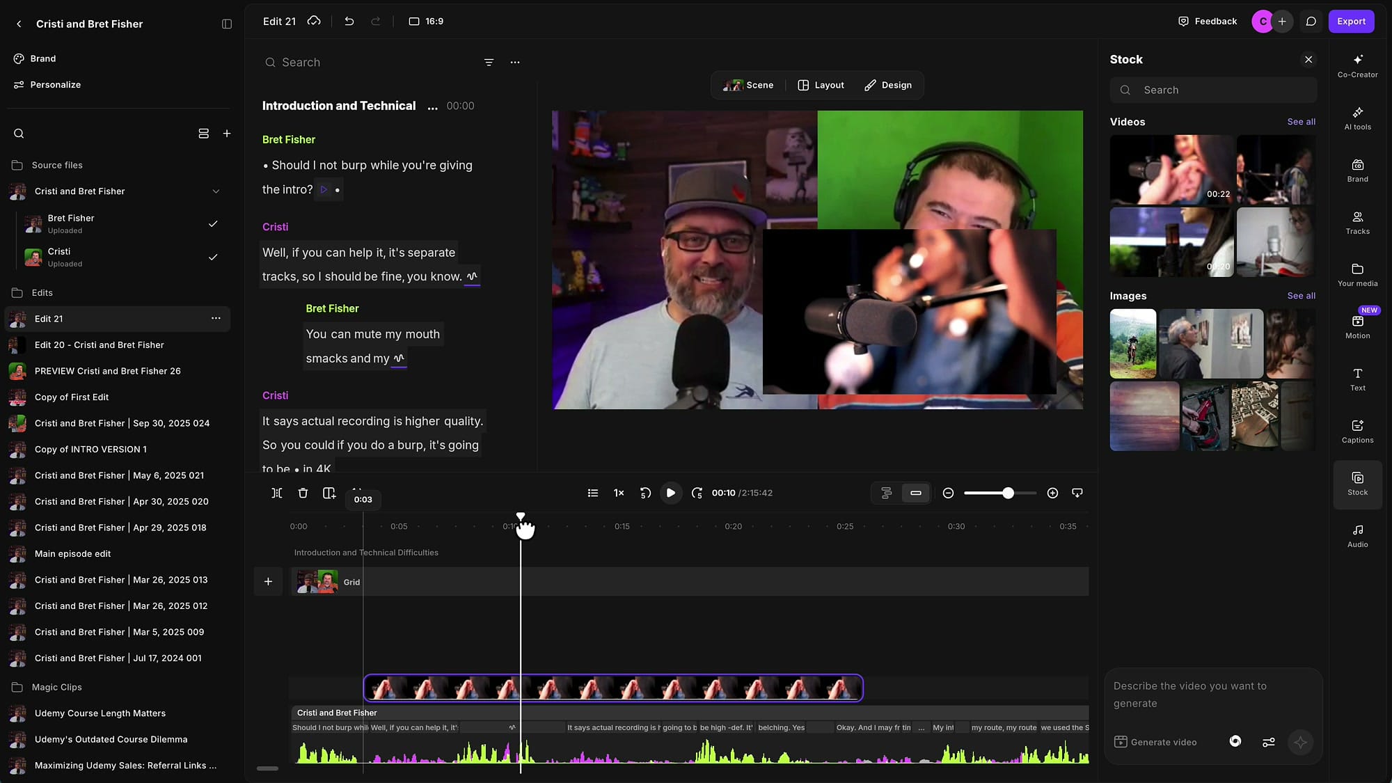 The overlay clip resized to a smaller rectangle on the Riverside canvas, with both speakers of the main episode visible behind it