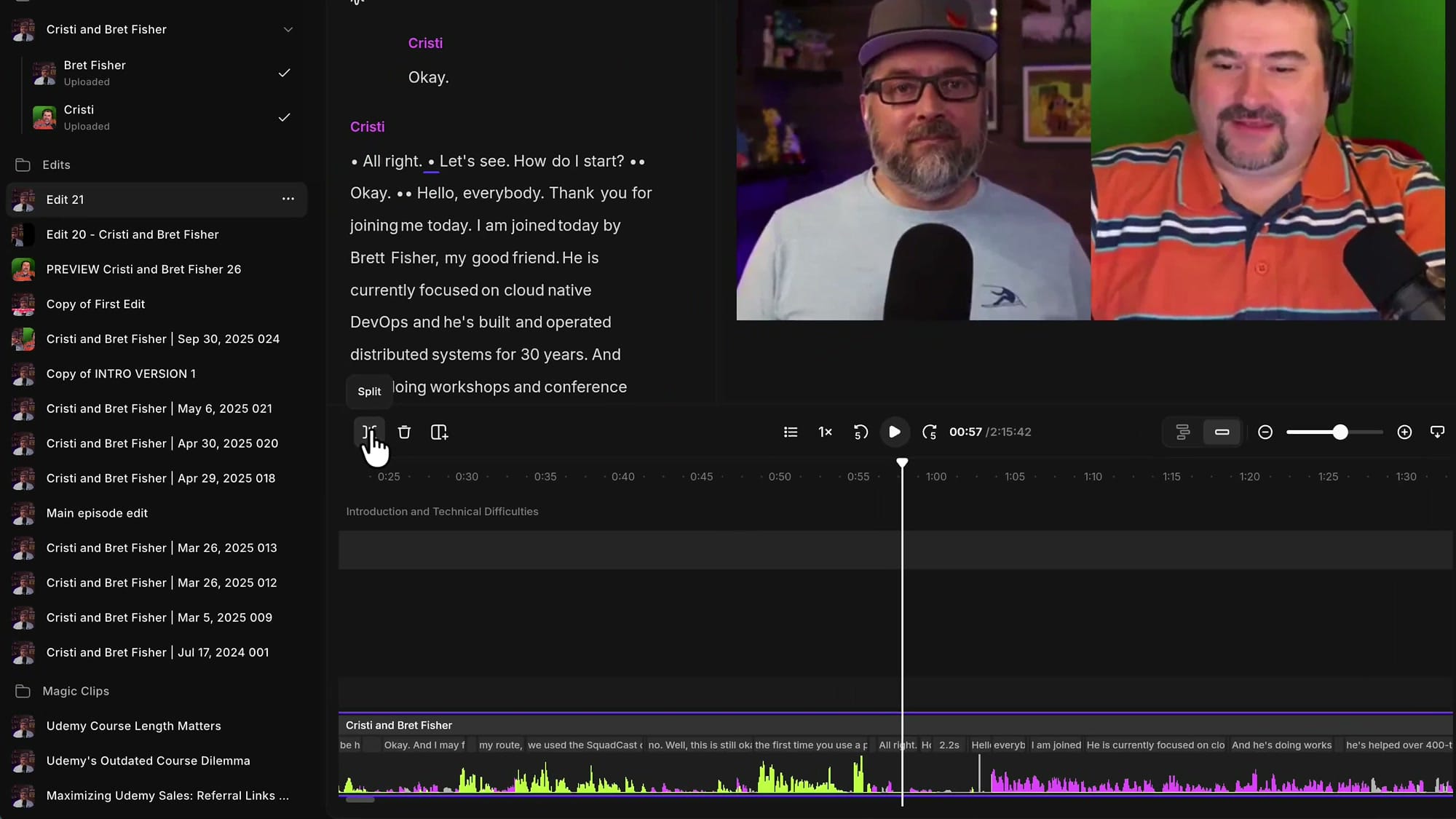The Split button highlighted in the Riverside timeline toolbar with its tooltip showing