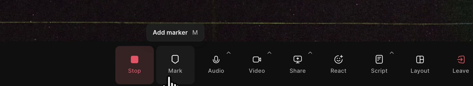 Riverside studio toolbar with the Mark button and the Add marker M tooltip