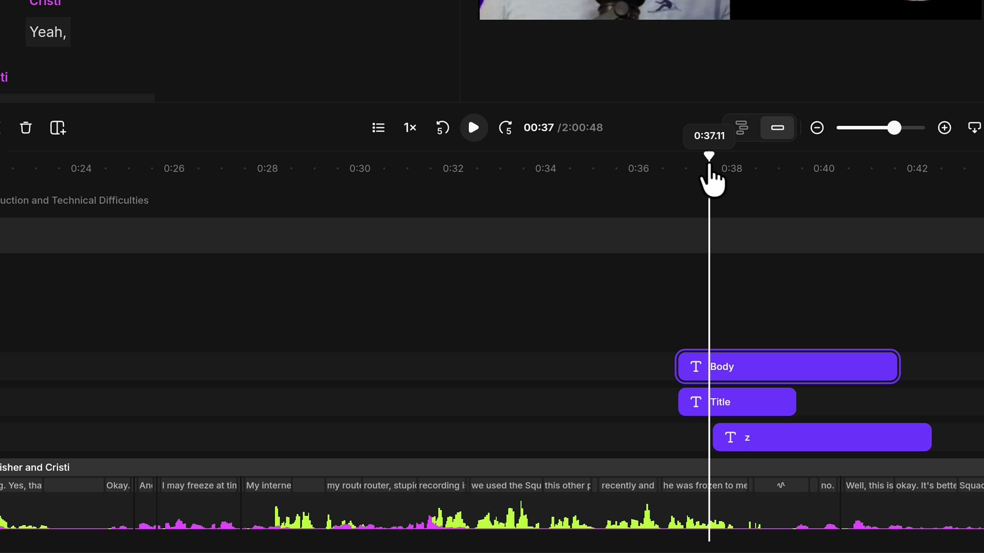 Three text overlays stacked on separate tracks in the Riverside timeline
