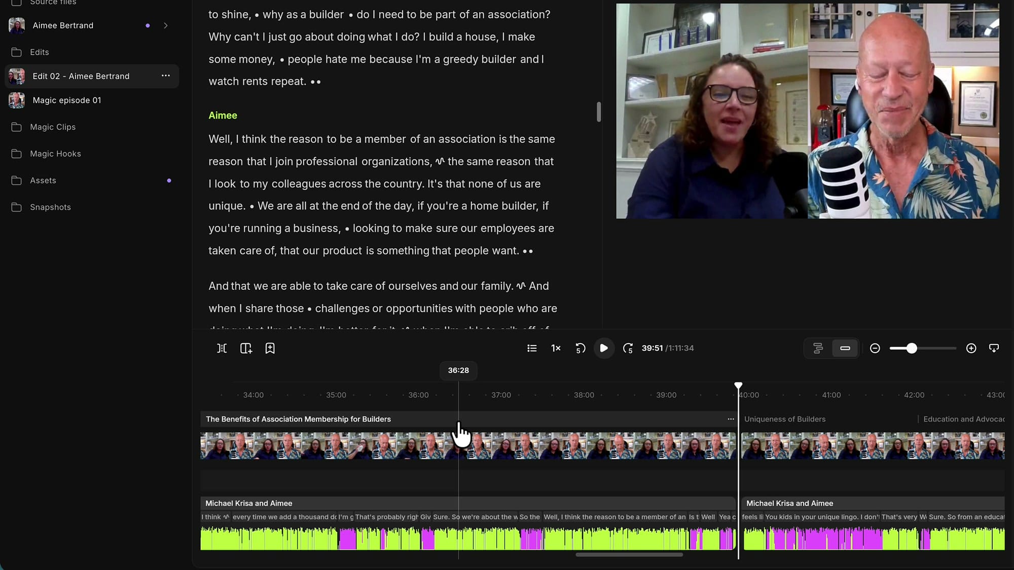 The Riverside timeline zoomed in, with a chapter rail above the video track showing three consecutive chapter names