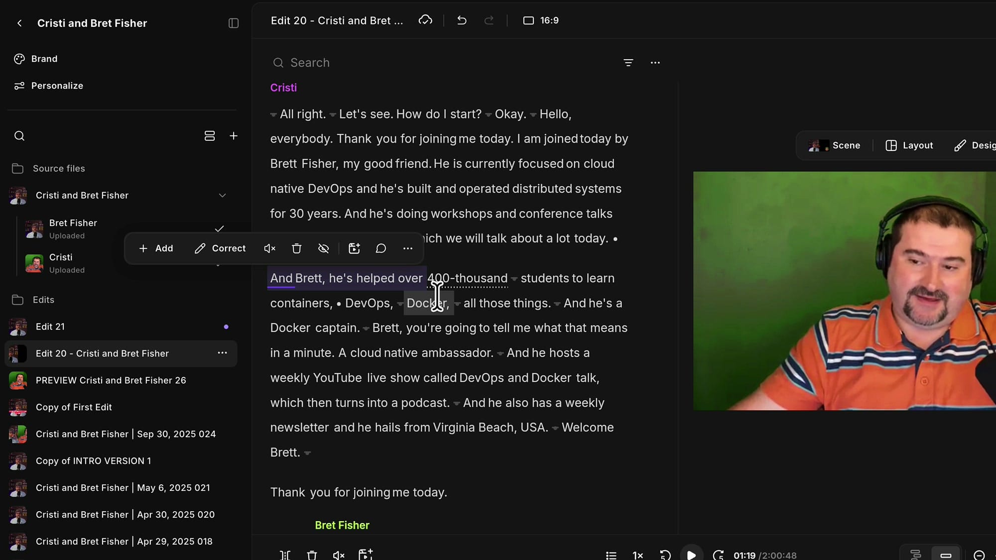 Riverside transcript selection toolbar showing Add, Correct, mute, delete, hide, clip and comment options