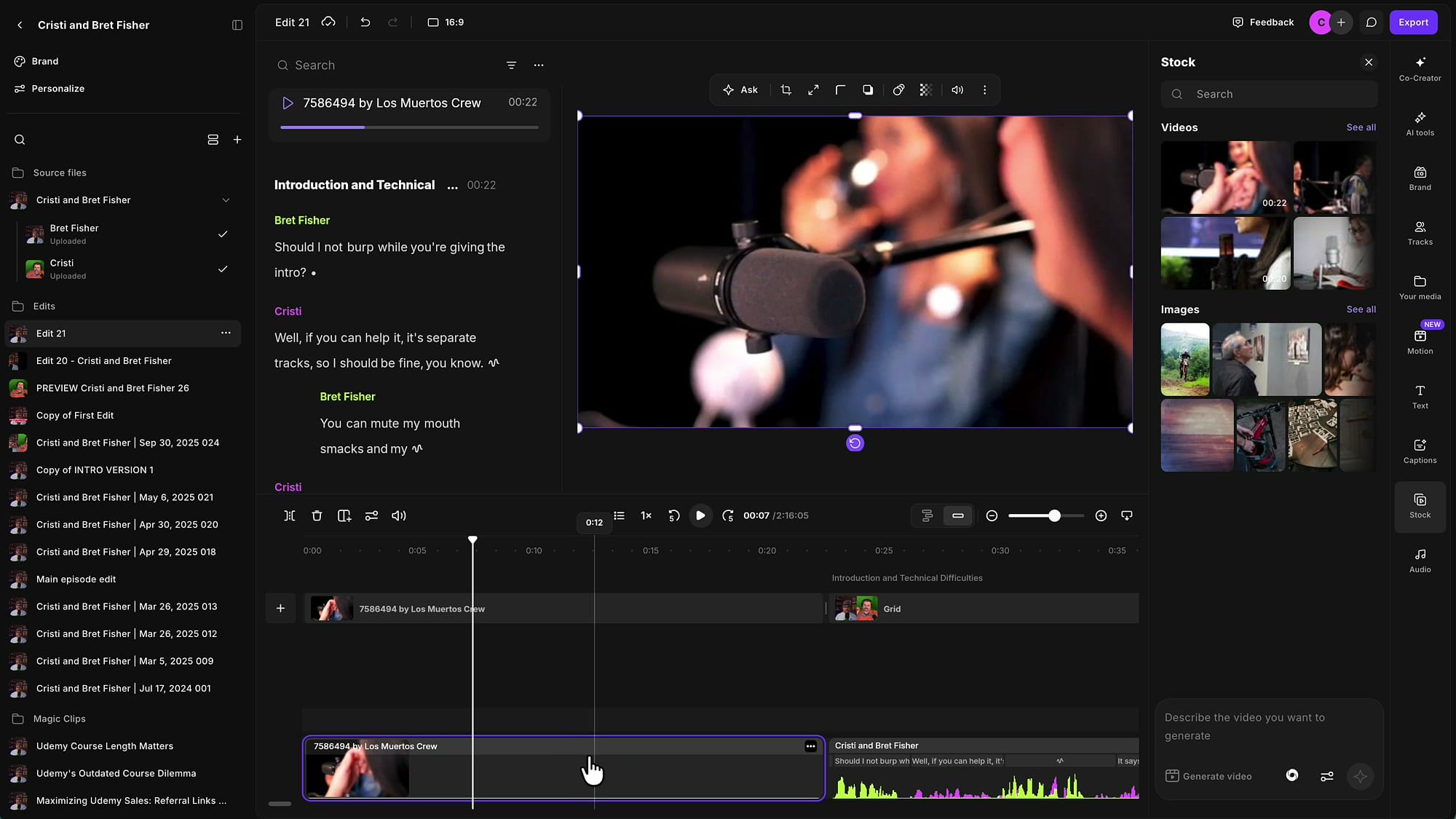 The stock clip now sitting as its own clip at the start of the Riverside main timeline, with the original episode clip pushed to the right
