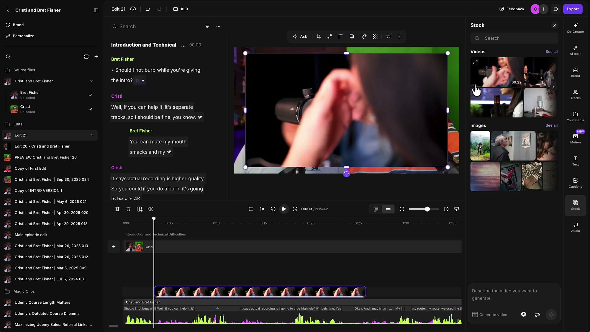 A stock video inserted as a full-canvas overlay in Riverside, with the overlay clip visible on a separate track above the main episode