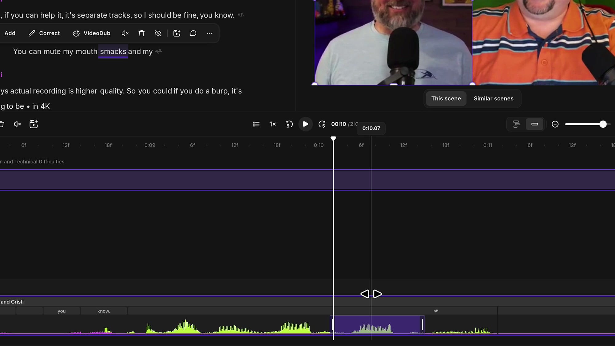 Riverside timeline showing individual transcript words on the audio track with a highlighted selection region