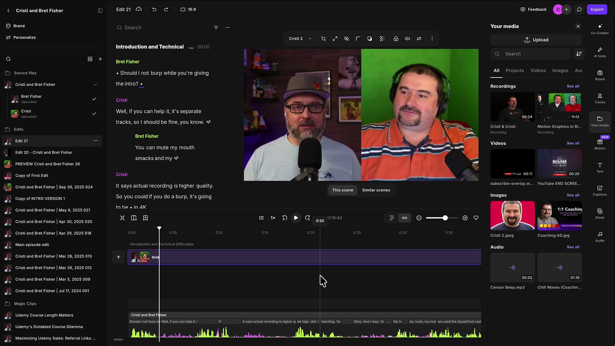 Riverside editor with the Your media panel open, showing recordings, videos, images and audio, with the playhead parked at 0:20 in the timeline