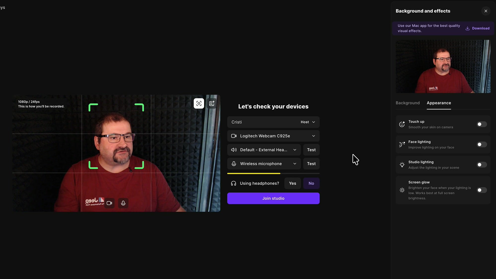 Riverside Background and effects panel open on the Appearance tab with four controls