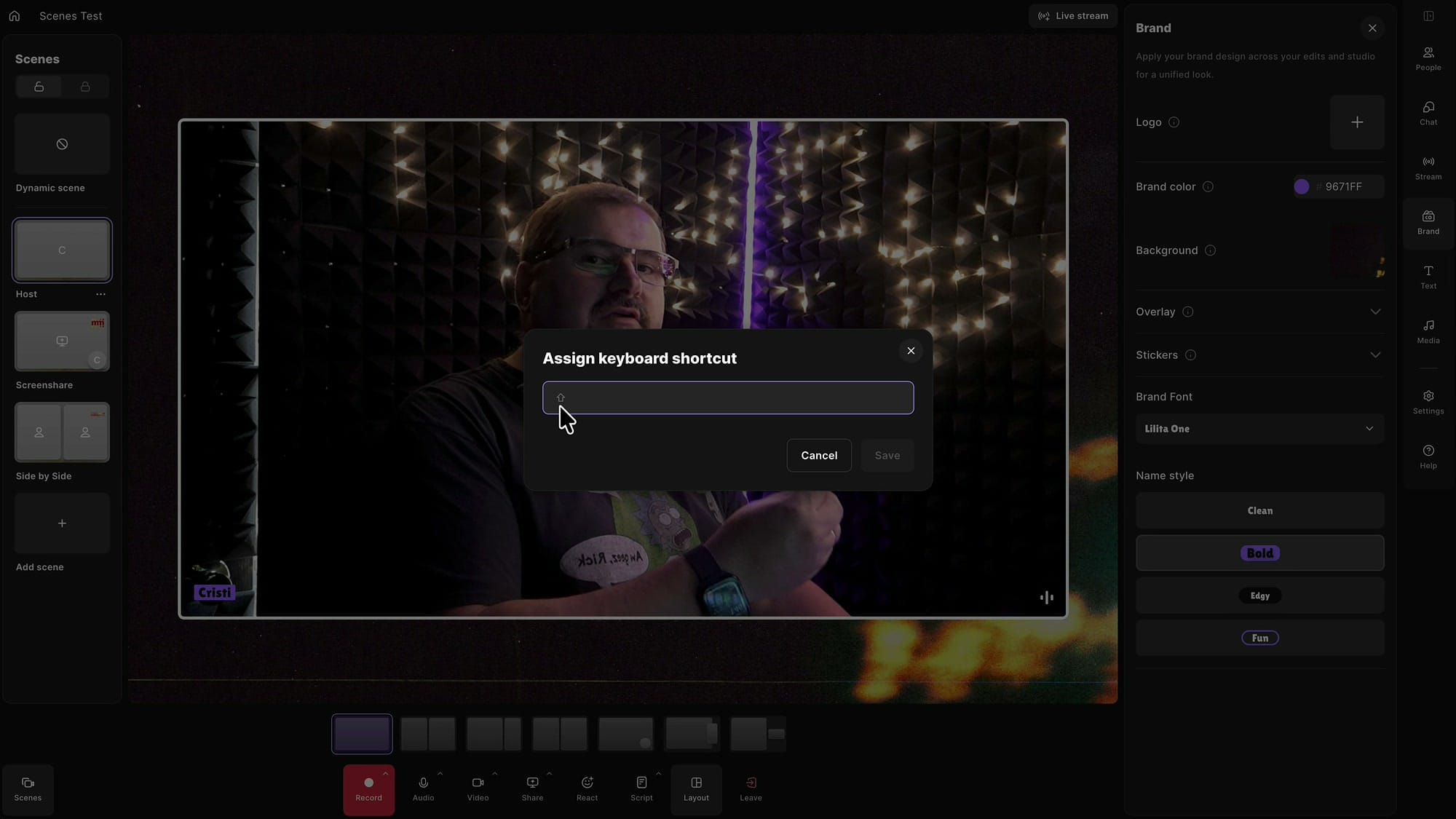 Riverside Studio Assign keyboard shortcut dialog with the Shift symbol in the input field and Cancel and Save buttons