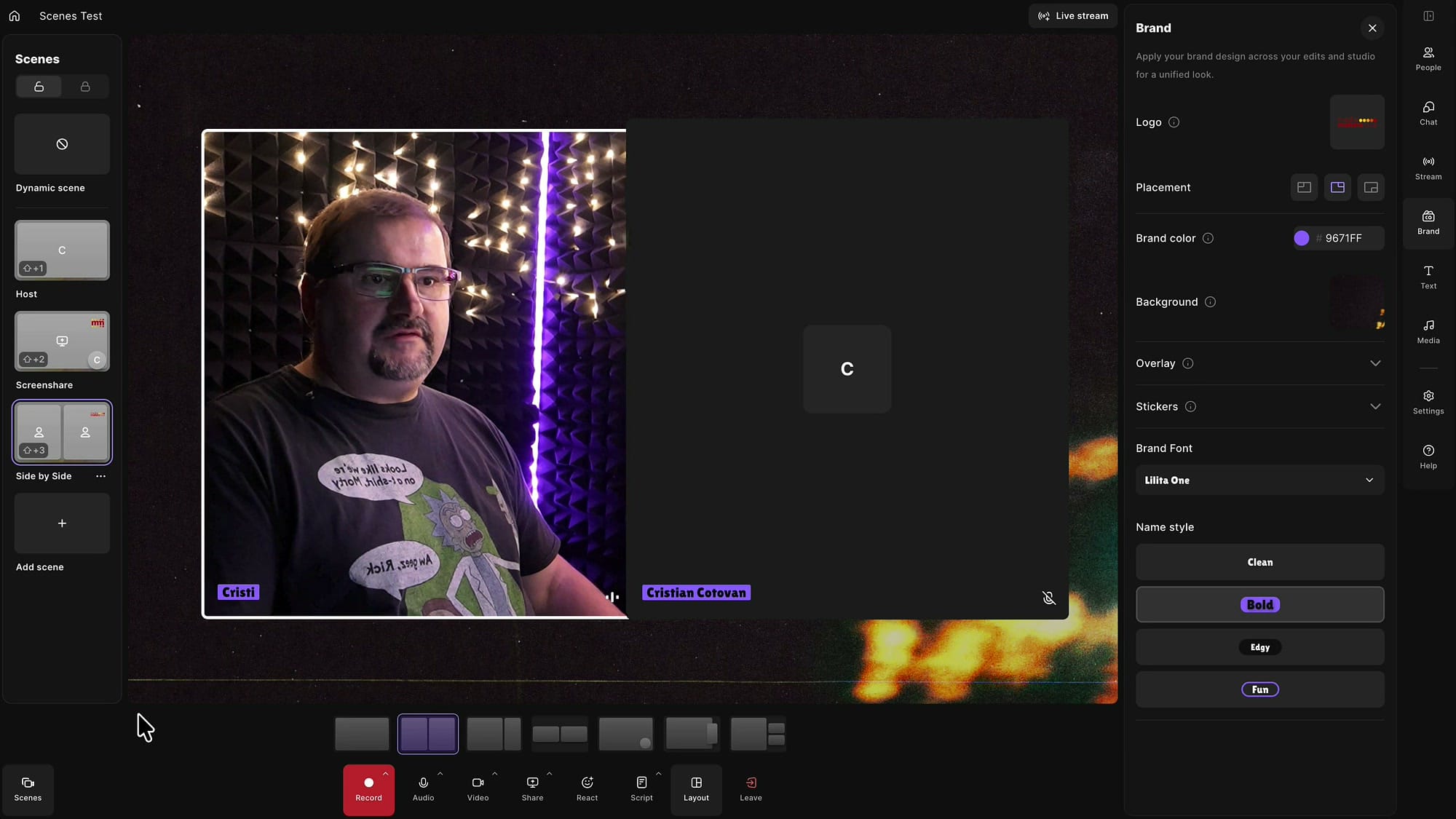 Riverside Studio Scenes panel with shortcut badges Shift+1 on Host, Shift+2 on Screenshare and Shift+3 on Side by Side