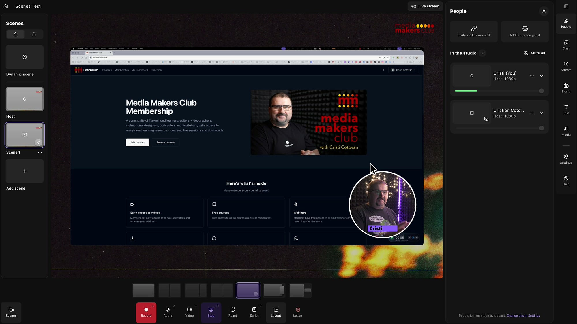 Riverside Studio screen-share scene with a shared website filling the stage and the host in a circular picture-in-picture bubble
