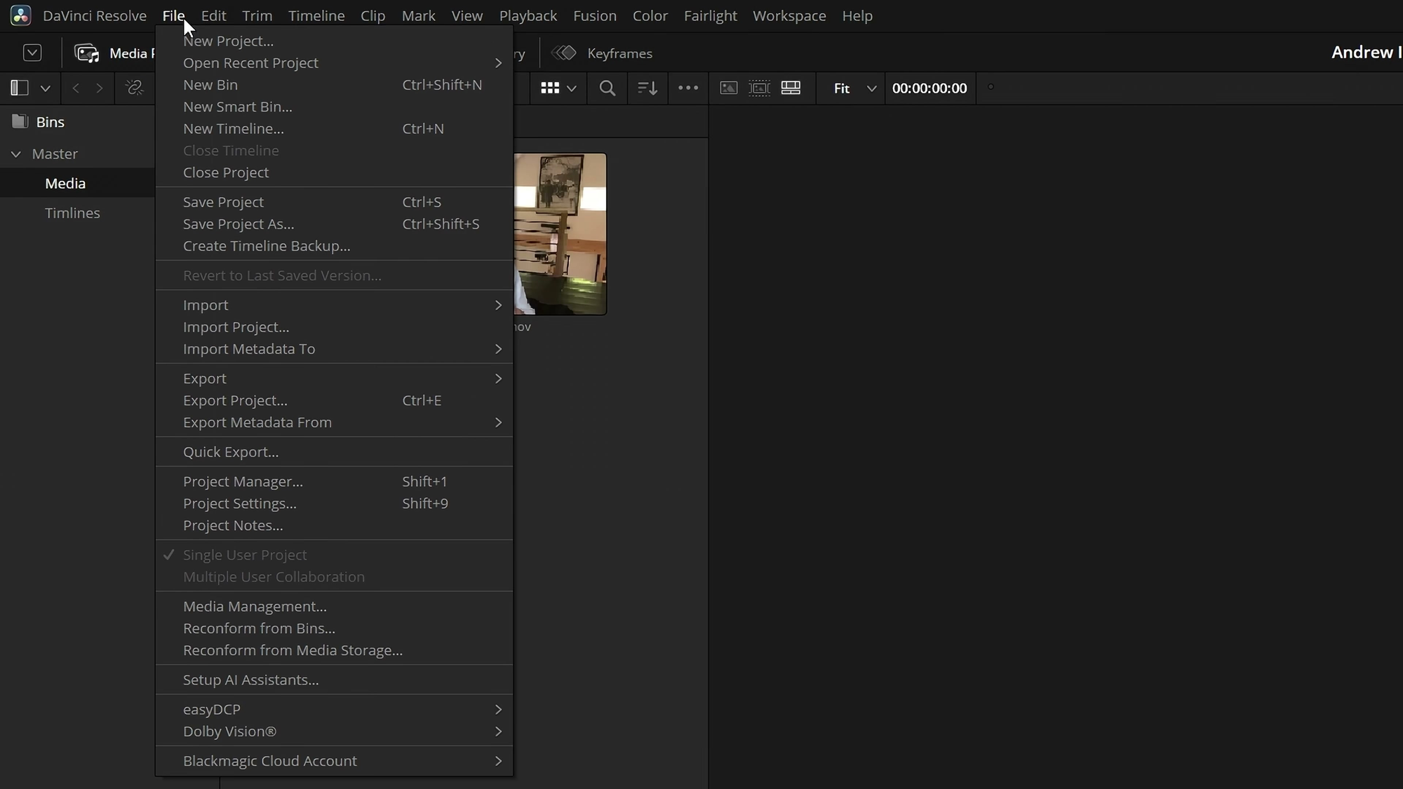 Resolve File menu with Setup AI Assistants visible.