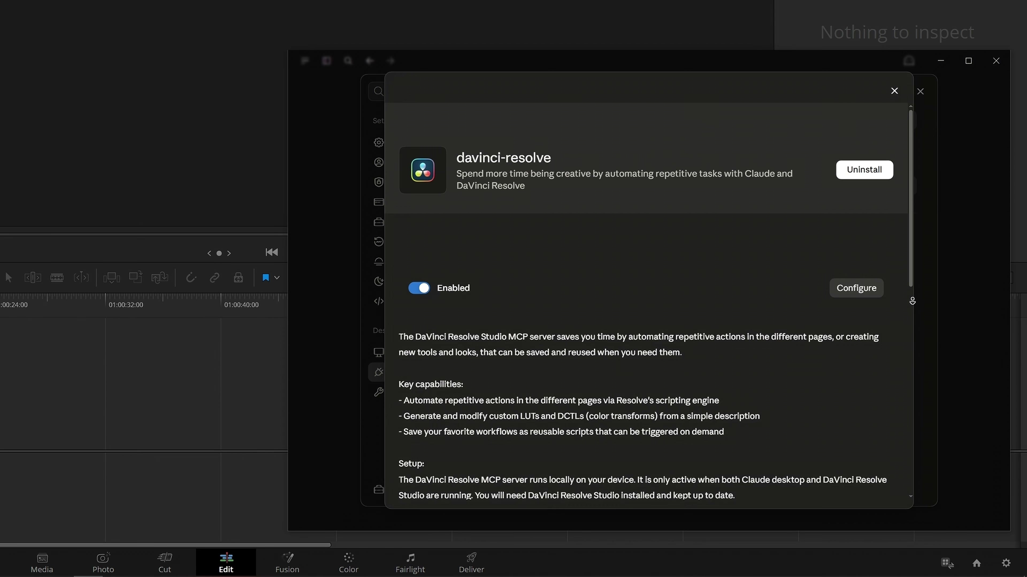 Claude’s davinci-resolve extension settings with the connection enabled.