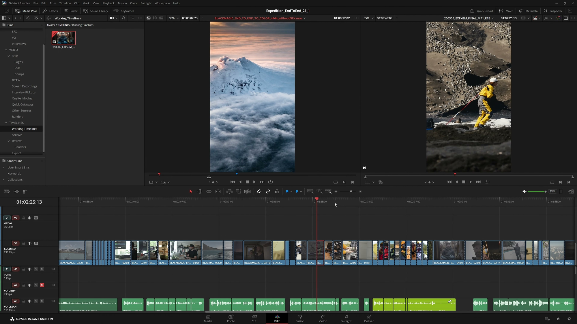 Resolve showing a vertical mountain image in the Source Viewer alongside a separate timeline image.