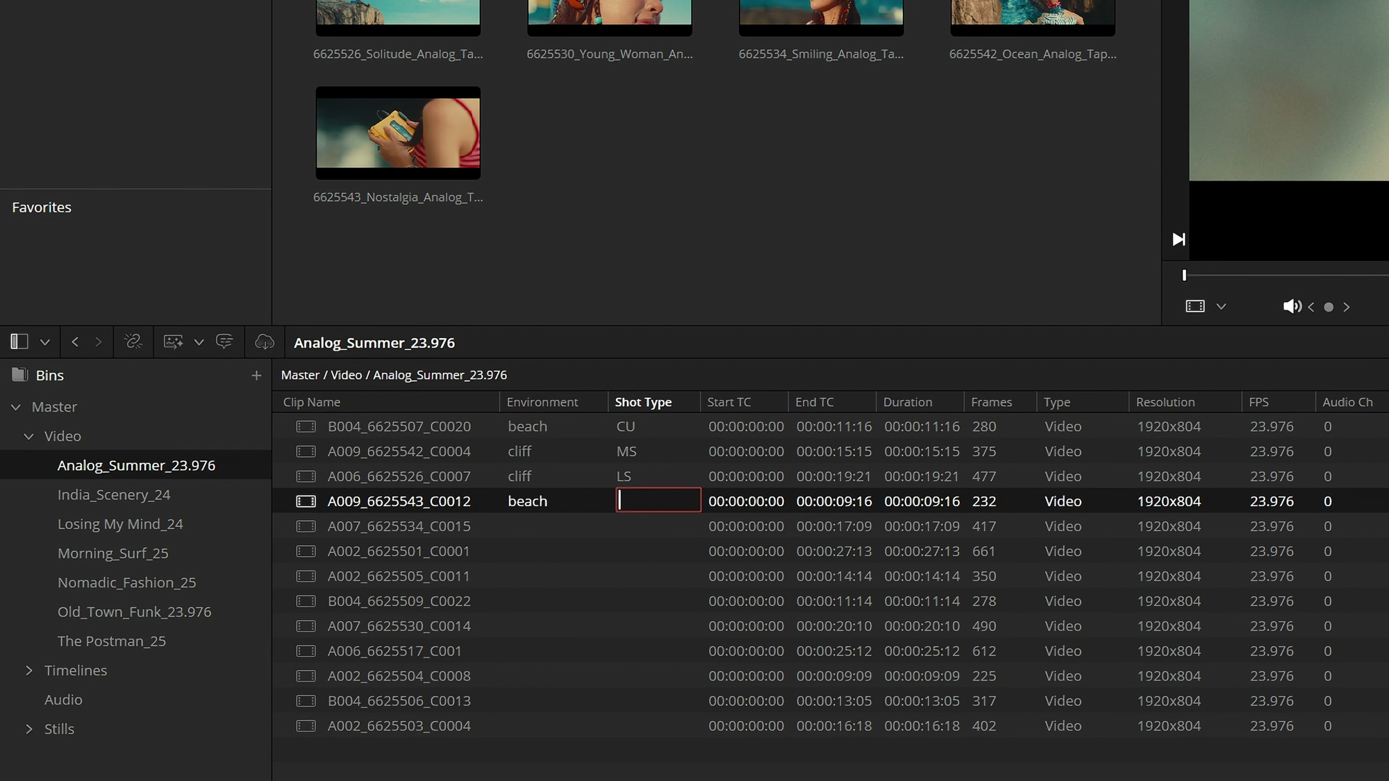 Media Pool list with an active editable Shot Type cell and metadata columns.
