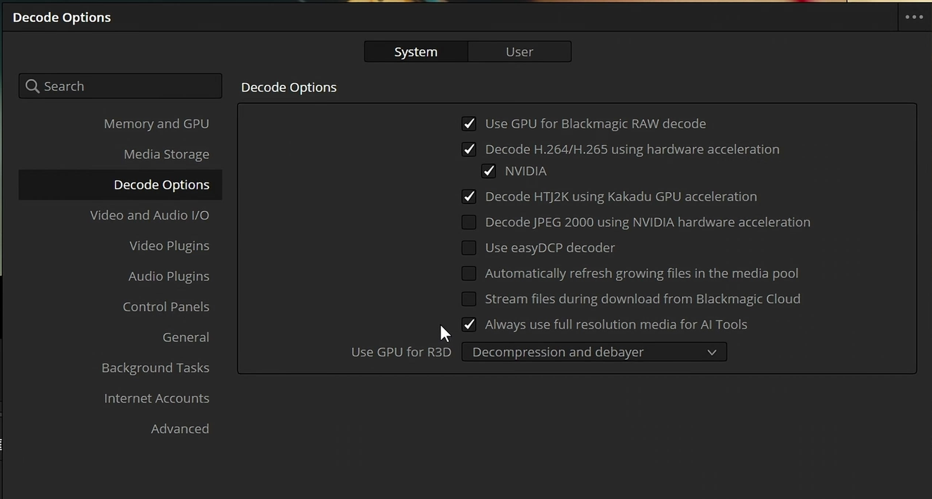 Decode Options preferences with the full-resolution-media requirement for AI tools checked.