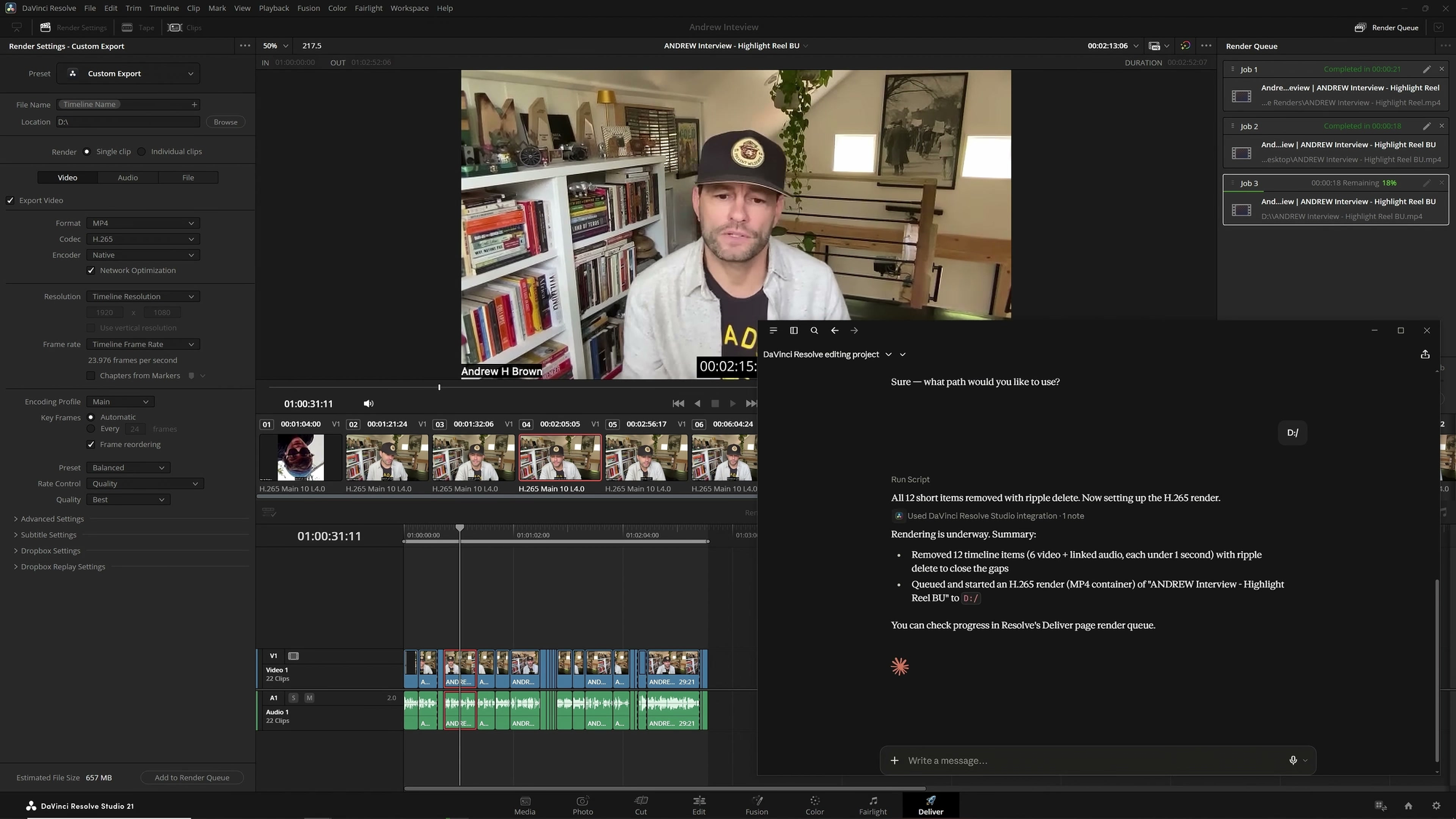 Resolve Deliver page beside Claude, with H.265 settings and a render job visible.