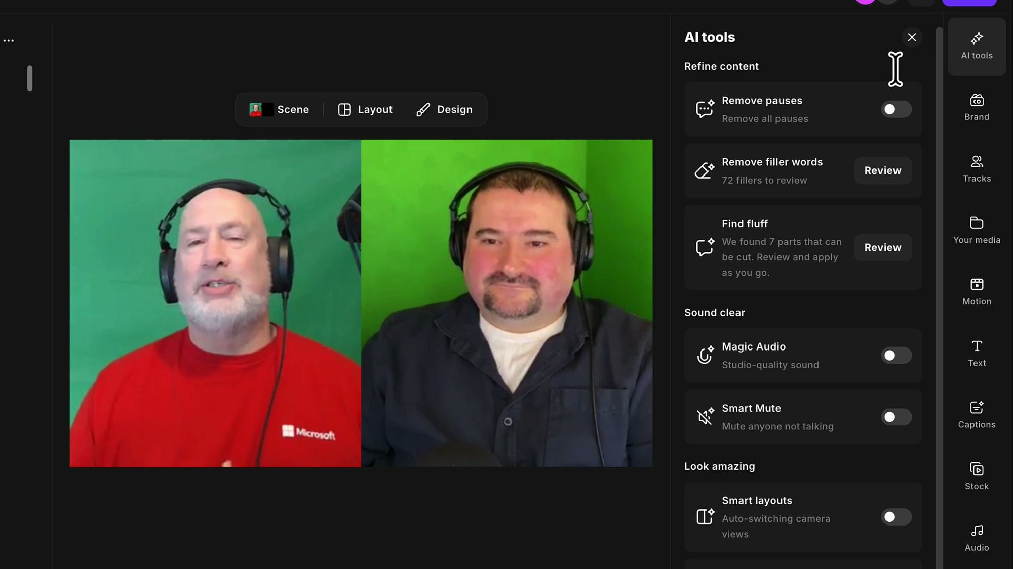 Riverside AI tools panel with Remove filler words showing 72 fillers to review and a Review button