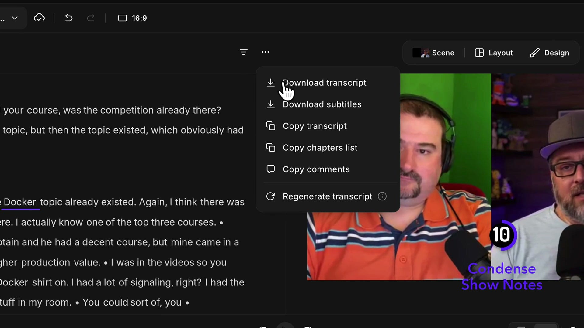 Riverside editor transcript menu with Download transcript, Download subtitles, Copy transcript, Copy chapters list and Copy comments