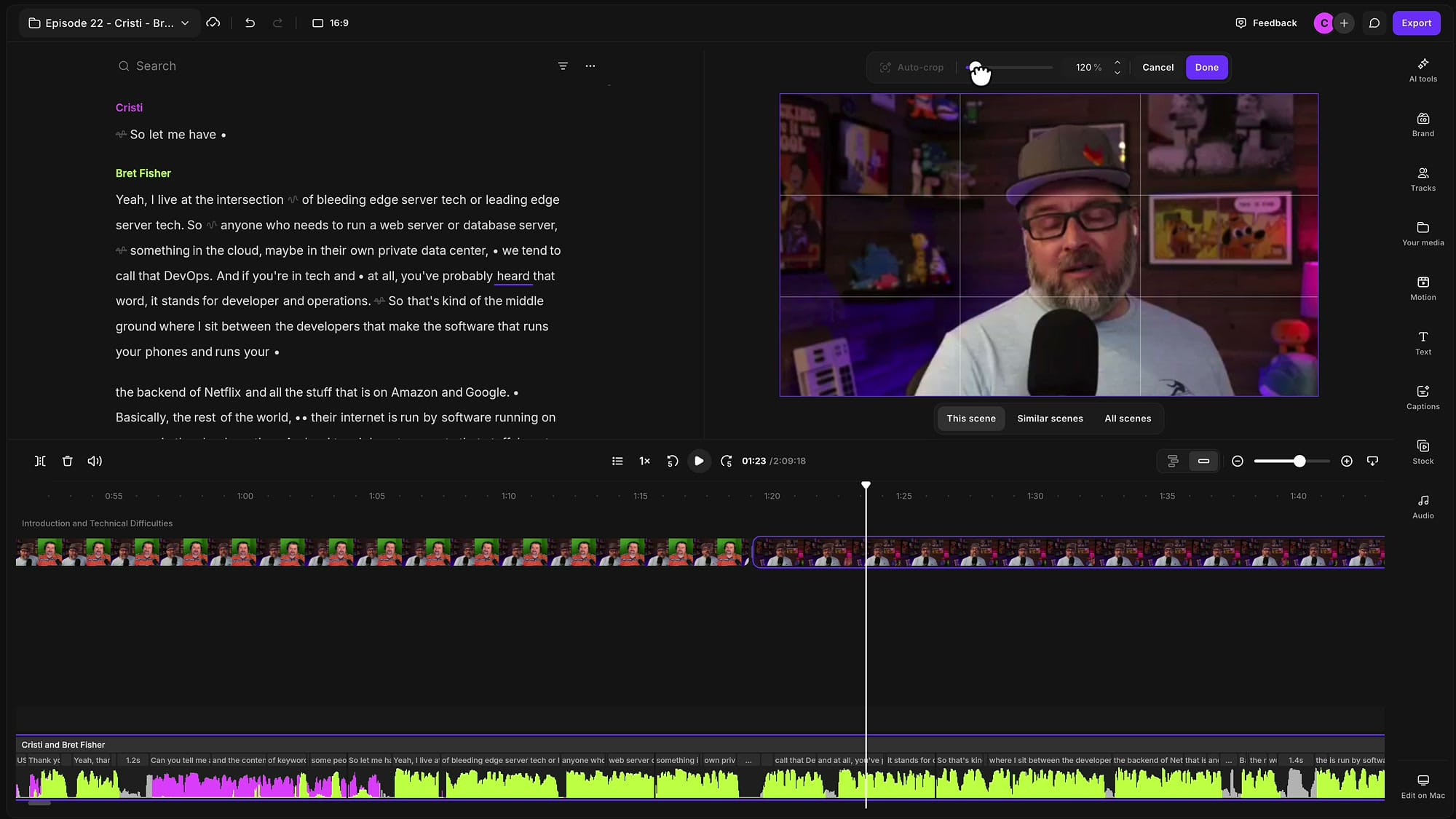 Riverside crop mode on the guest video with the zoom slider at 120 percent and a rule-of-thirds grid over the preview