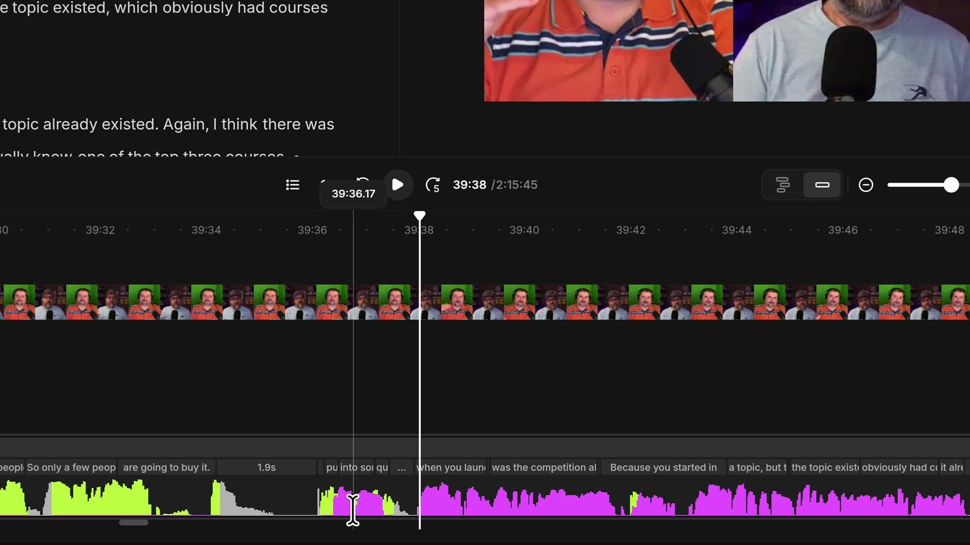 Riverside timeline with merged tracks where the green guest waveform and the purple host waveform overlap