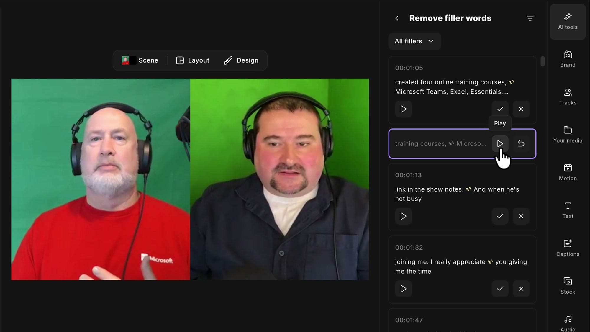 Riverside filler review panel with an accepted suggestion collapsed into a row with a play button and a restore arrow