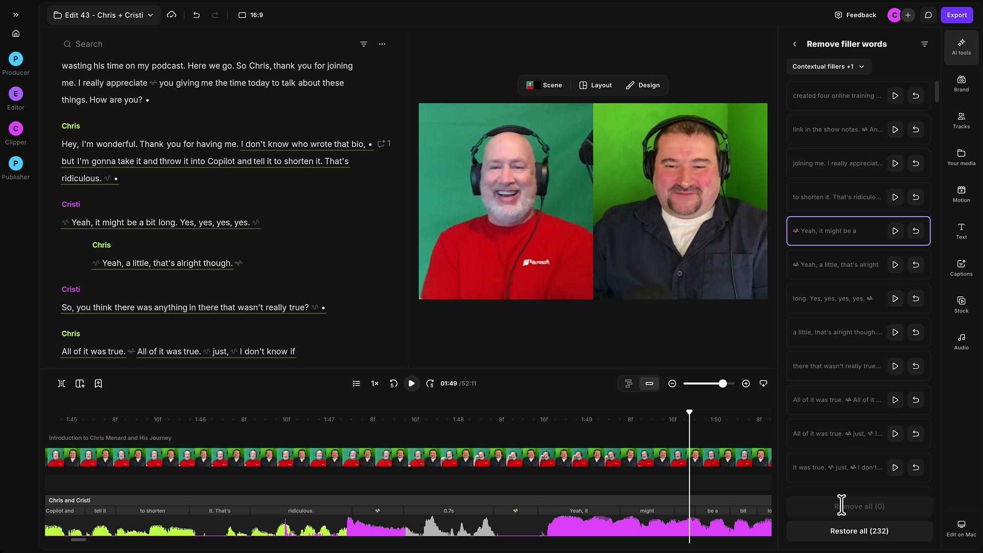 Riverside editor after Remove all, with every suggestion collapsed to a play and restore row and a Restore all (232) button