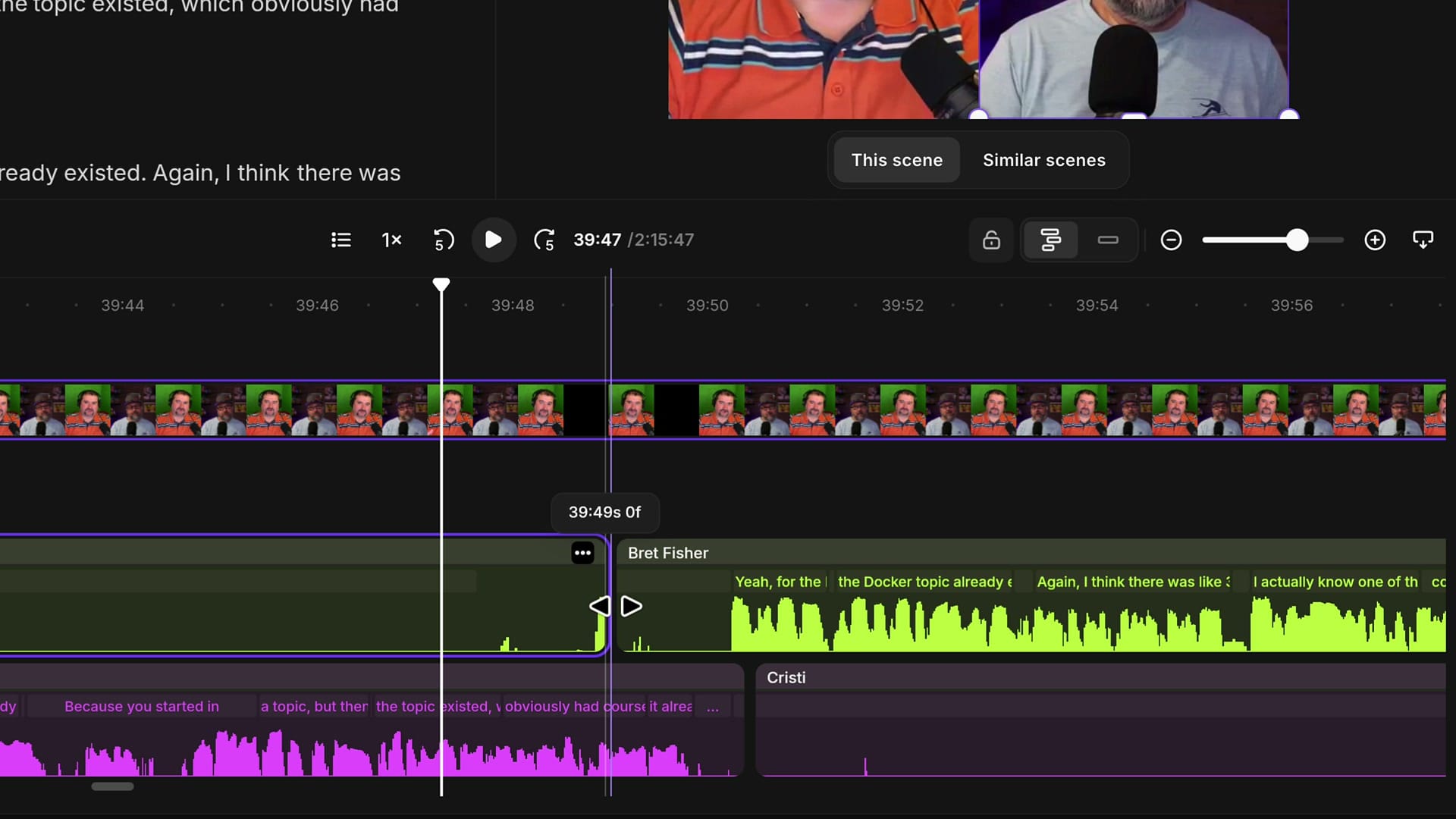 Riverside expanded timeline with the guest's green segment being dragged forward so it starts after the host finishes