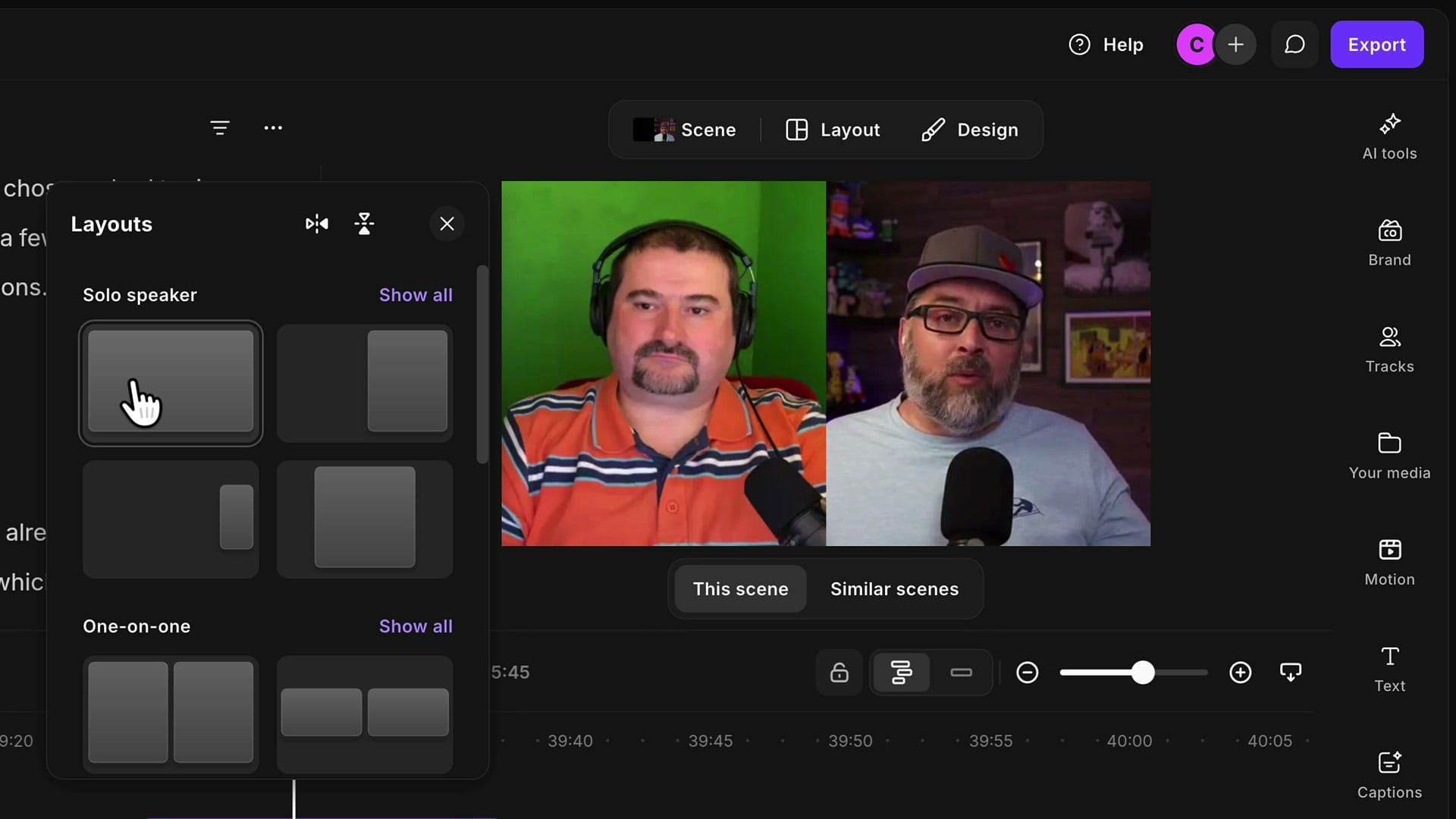 Riverside Layouts panel with Solo speaker options and the side-by-side preview of host and guest