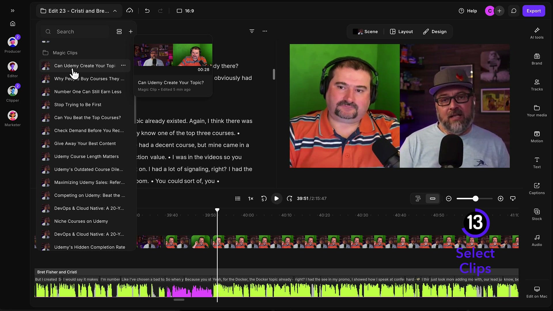 Riverside editor project dropdown showing the Magic Clips section with the AI-created clips such as Can Udemy Create Your Topic