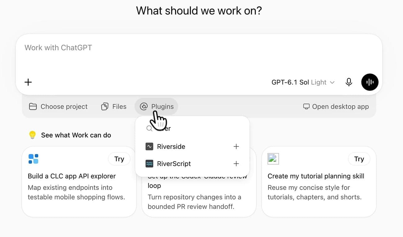 ChatGPT new chat with the Plugins menu open and Riverside listed with a plus button