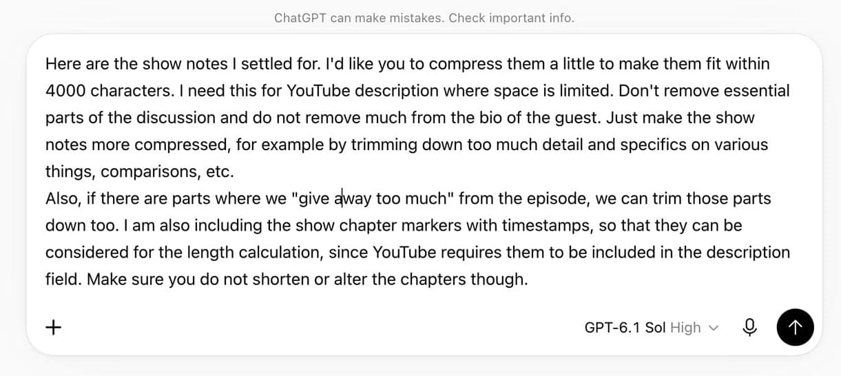 ChatGPT prompt asking to compress the show notes to 4000 characters for the YouTube description while keeping the chapters unchanged