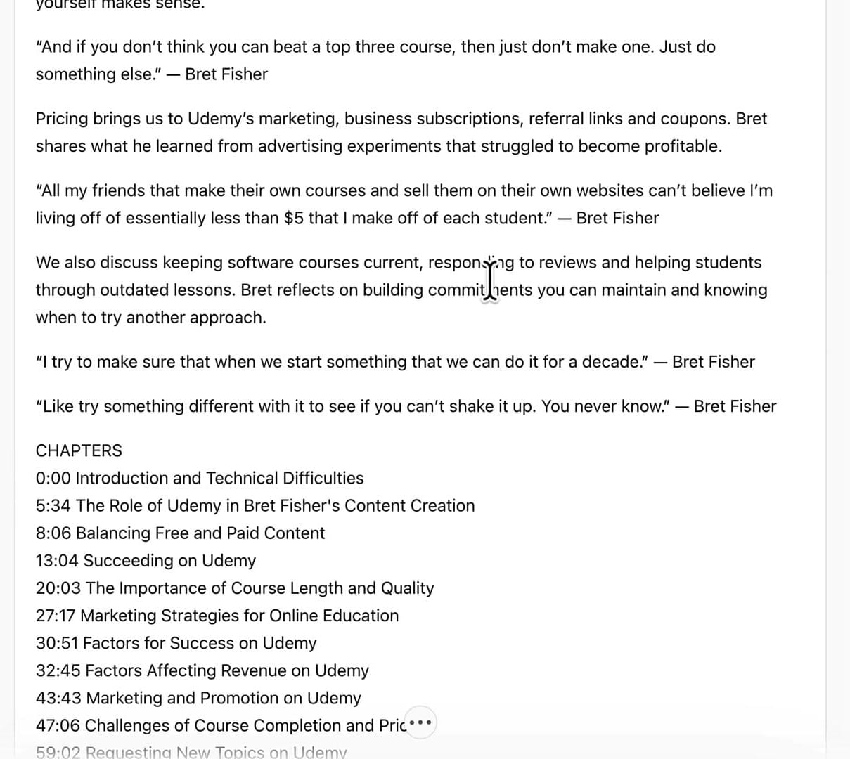 Condensed show notes in ChatGPT with quotes and a CHAPTERS list with timestamps pulled from Riverside