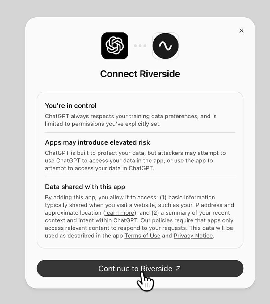Connect Riverside dialog in ChatGPT with the Continue to Riverside button