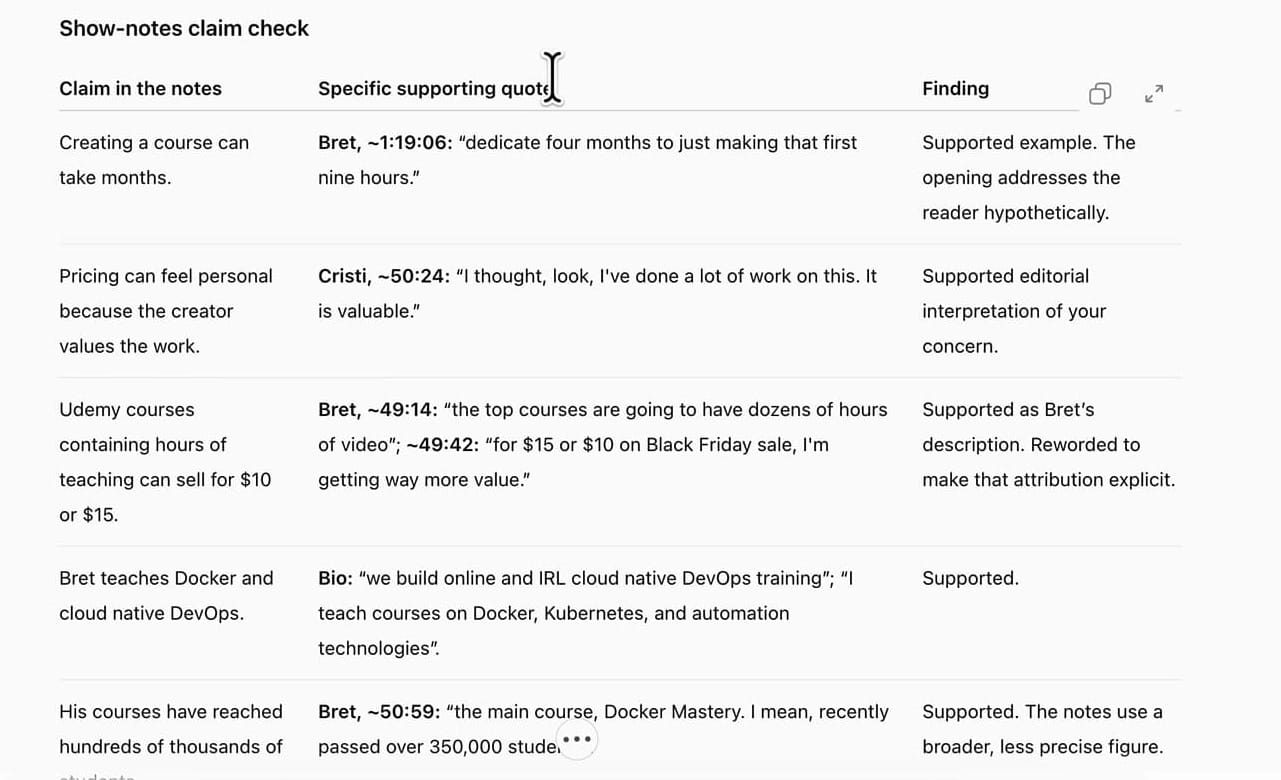 ChatGPT fact-check report with a naming correction and a table of claims, supporting quotes with timestamps and findings