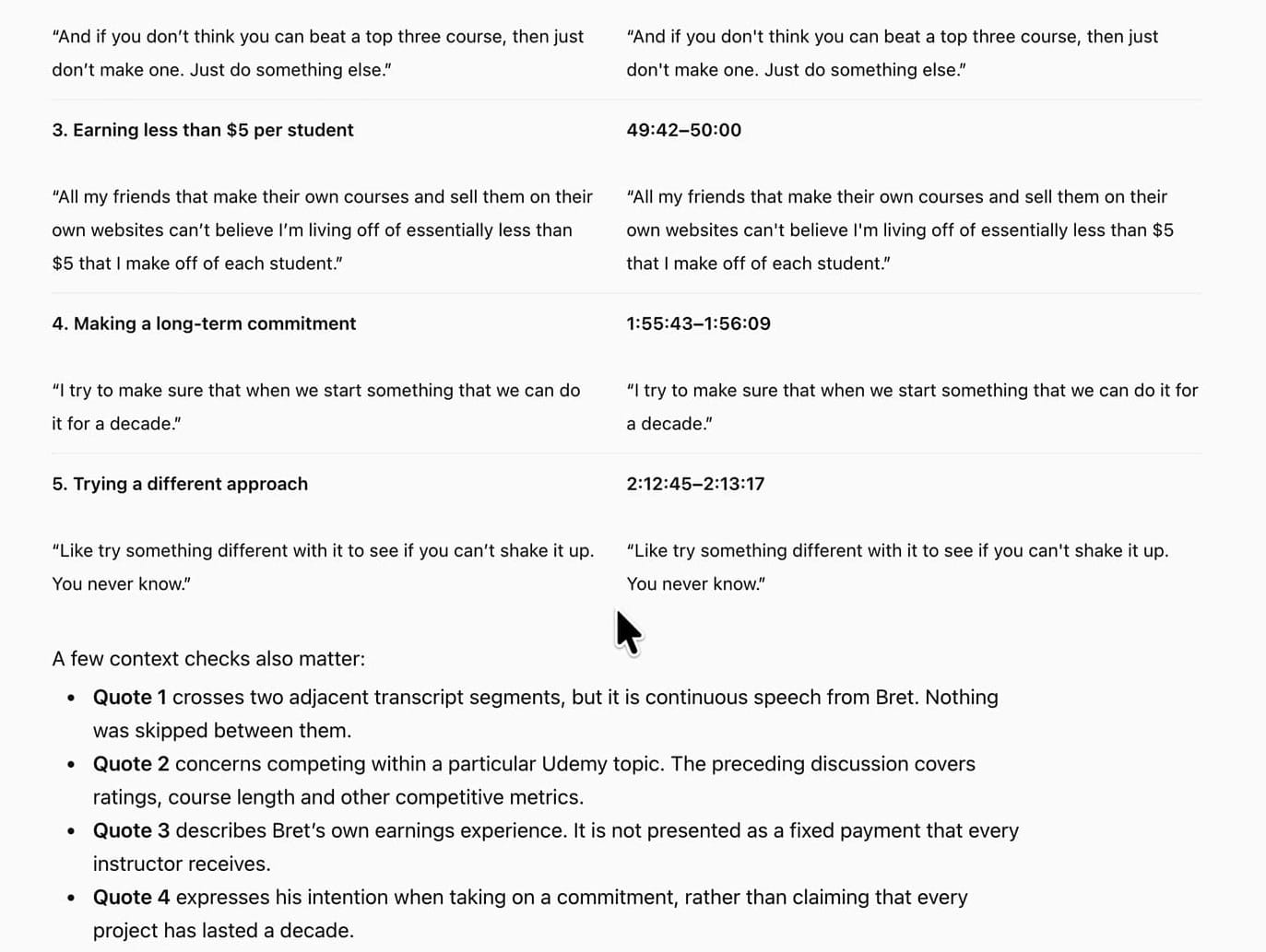 ChatGPT table comparing each quote in the show notes with the exact passage from Bret Fisher's transcript, plus context checks
